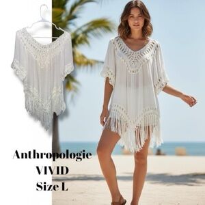 Anthropologie Vivid White Fringe Beach Cover-Up Kaftan Tunic Large